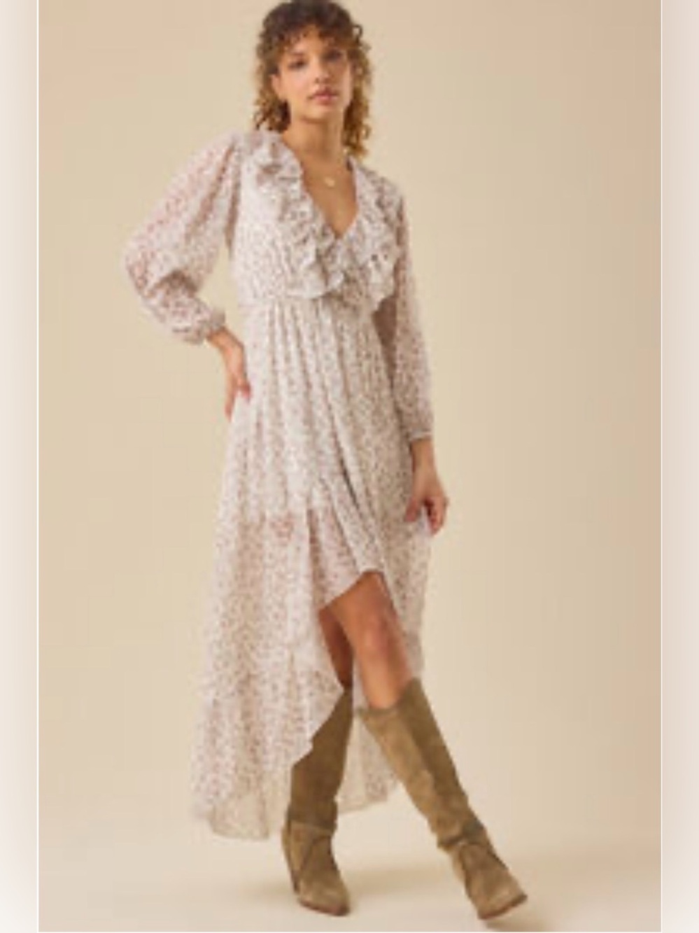 Altar'd State Cream Floral Ruffle High-Low Maxi Dress
